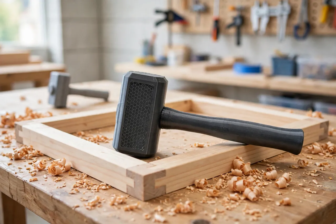 A finished 3D printed shop mallet resting across a neatly joined wooden frame on a workbench