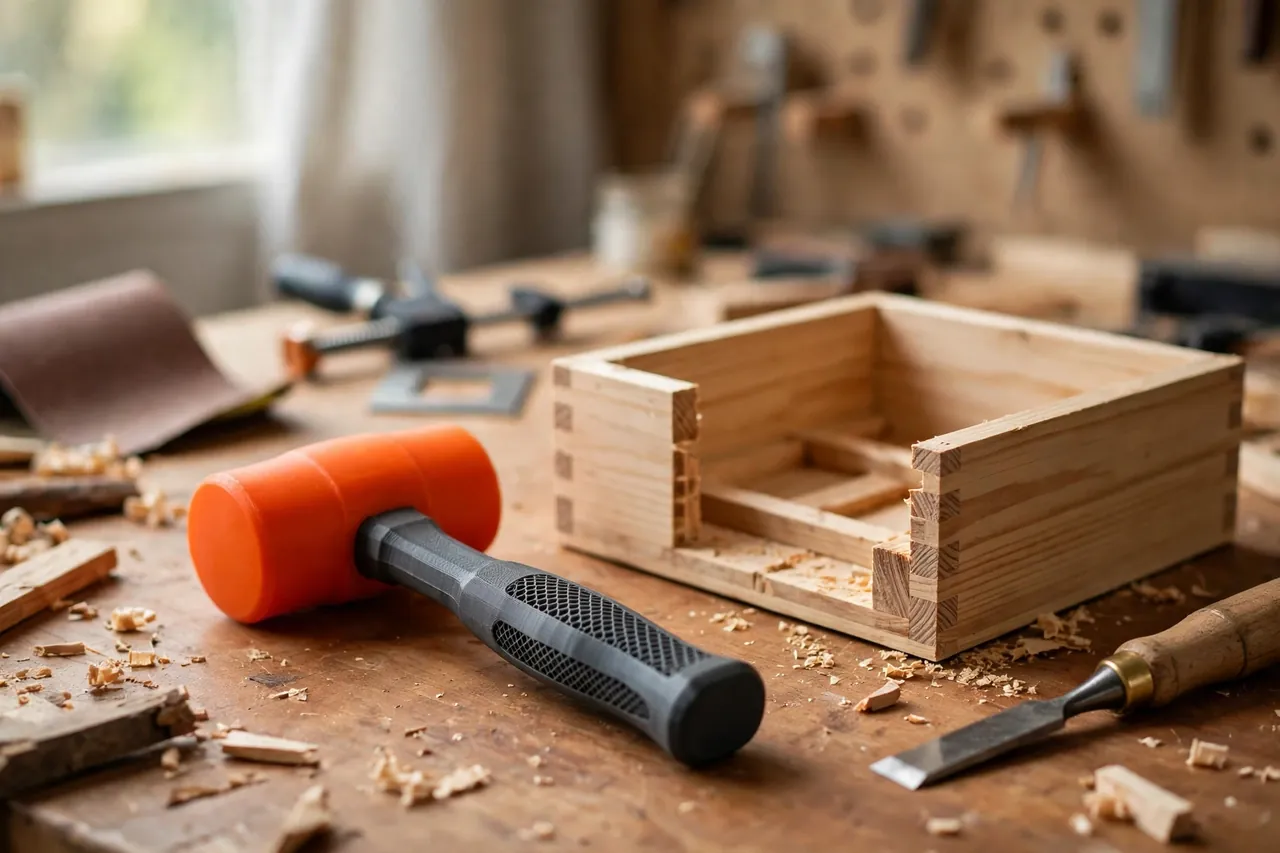 A bright home workshop scene on a warm wooden workbench