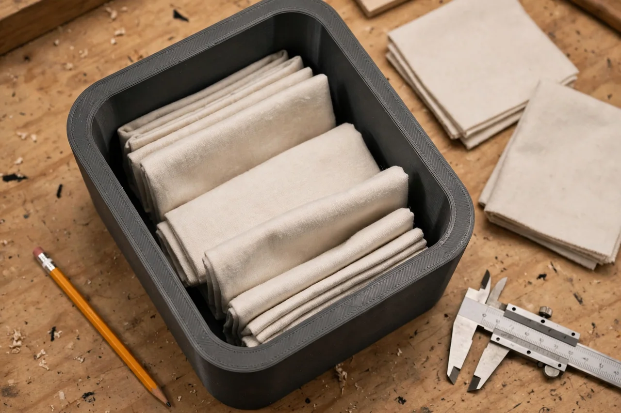 Close-up top-down view of a matte charcoal-gray 3D printed shop rag dispenser bin being test-fitted with clean shop rags on a workbench, calipers and a pencil nearby, warm workshop lighting