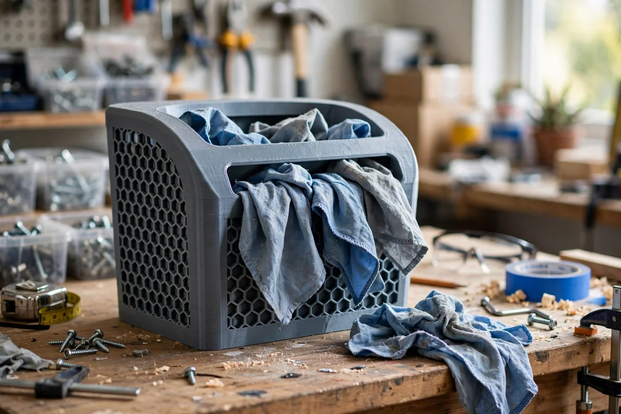 View of the finished 3D printed shop rag dispenser bin in use during a home repair tidy-up on a workbench, tidy workshop background in soft focus, bright natural light