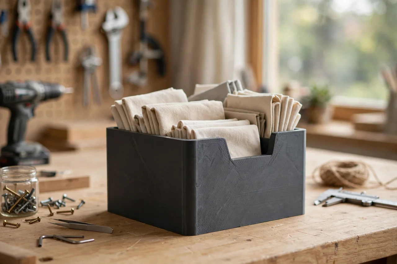 Home workshop scene on a light oak workbench, a matte charcoal-gray 3D printed shop rag dispenser bin holding clean shop rags, soft natural window light, shallow depth of field