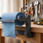 A bright home workshop scene, a matte charcoal-gray 3D printed shop roll holder mounted on the side of a wooden workbench with a blue paper shop