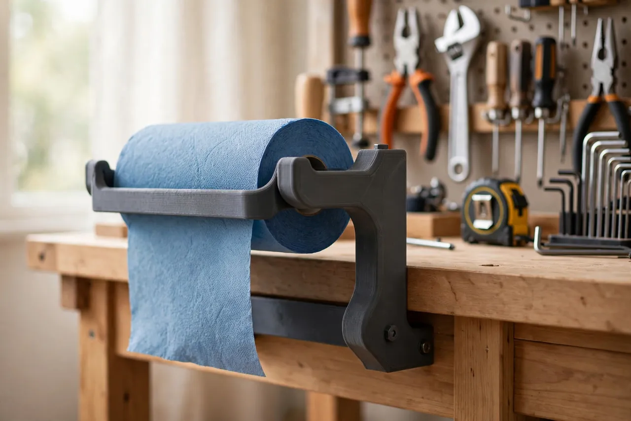 A bright home workshop scene, a matte charcoal-gray 3D printed shop roll holder mounted on the side of a wooden workbench with a blue paper shop