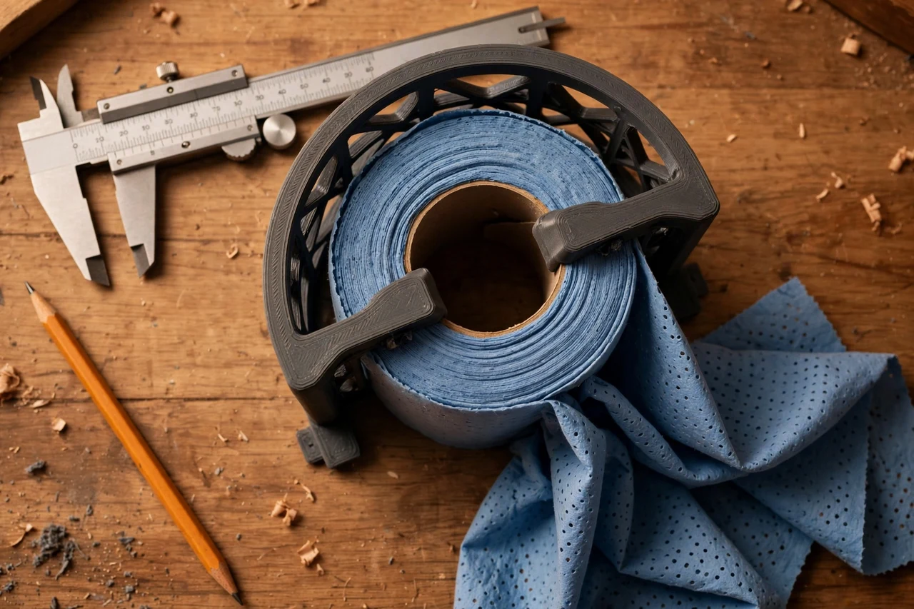 Close-up top-down view of a matte charcoal-gray 3D printed shop towel roll holders being test-fitted against a roll of shop towels dispensed at the bench on a workbench, calipers and a pencil nearby, warm workshop lighting