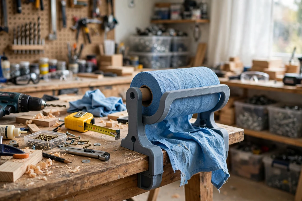View of the finished 3D printed shop towel roll holders in use on a home repair project on a workbench, tidy workshop background in soft focus, bright natural light