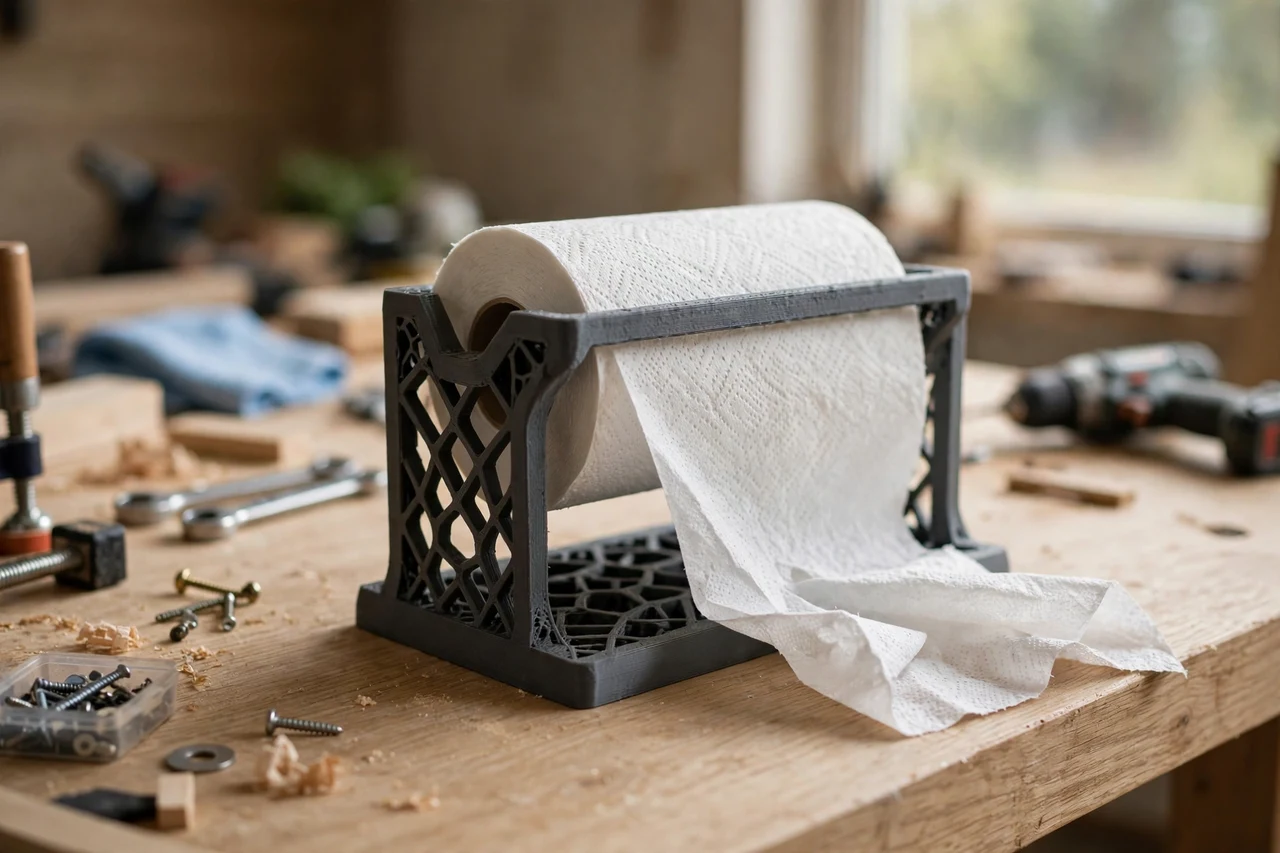 Home workshop scene on a light oak workbench, a matte charcoal-gray 3D printed shop towel roll holders holding a roll of shop towels dispensed at the bench, soft natural window light, shallow depth of field