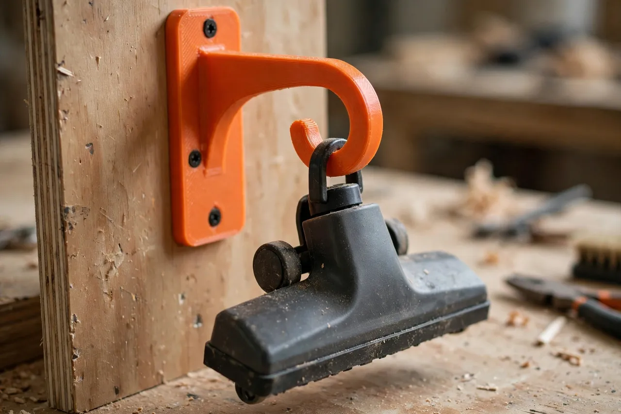 Close-up of a 3D printed shop vac hook in matte orange plastic mounted on a plywood board