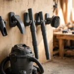 A workshop wall with a row of charcoal-gray 3D printed hooks holding shop vac nozzles, extension wands