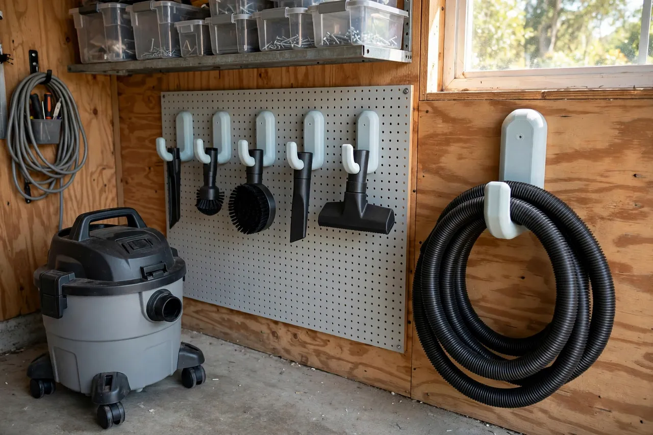 A tidy garage corner with shop vac accessories hung neatly on 3D printed hooks beside the vacuum, hose coiled on a separate hook, bright daylight