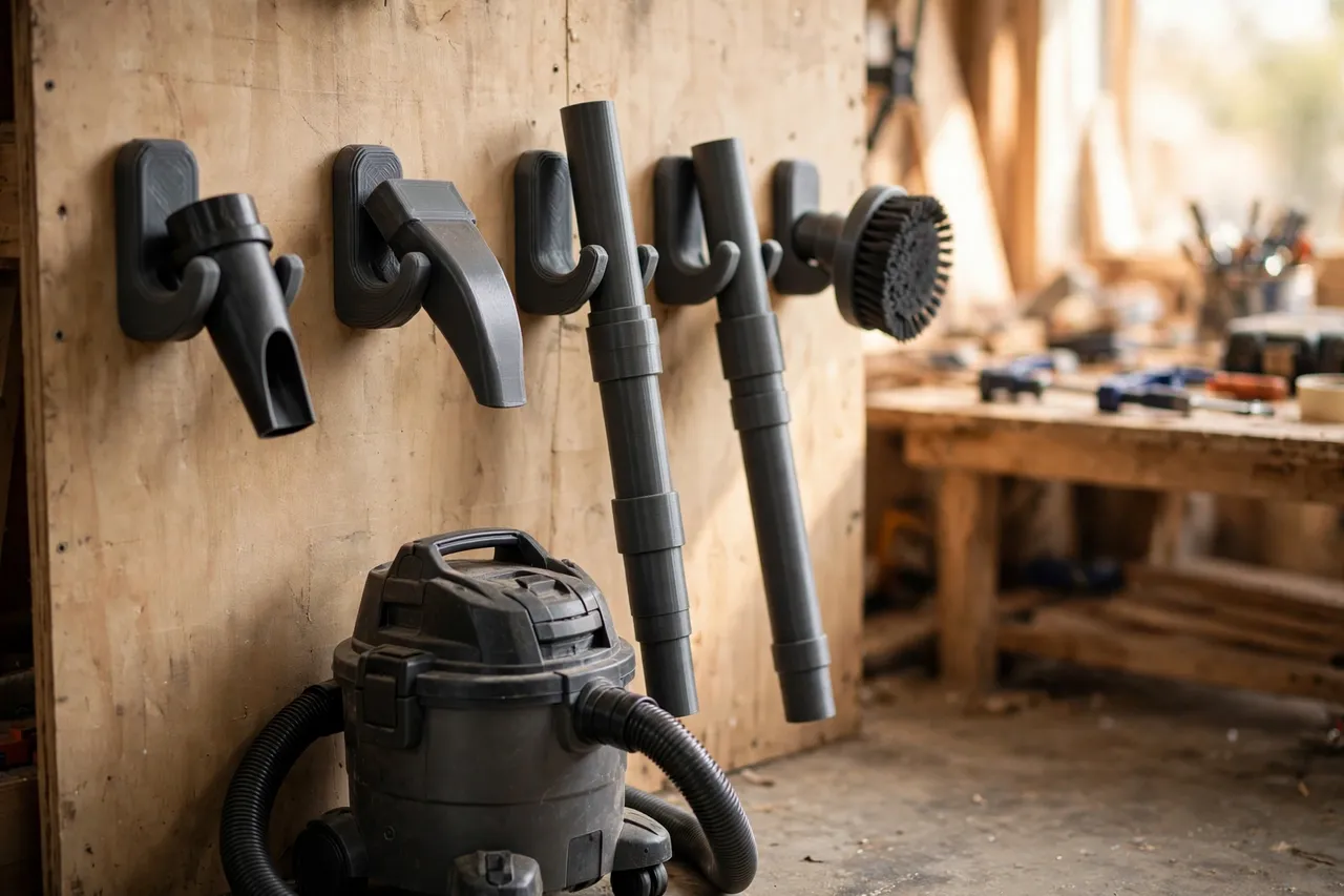 A workshop wall with a row of charcoal-gray 3D printed hooks holding shop vac nozzles, extension wands