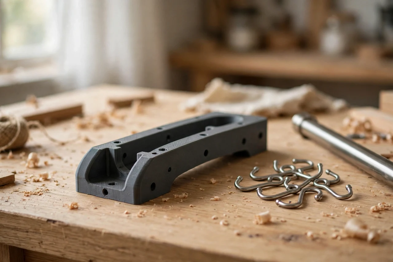 Home workshop scene on a light oak workbench, a matte charcoal-gray 3D printed shower curtain hook guide beside shower curtain hooks and a rod, soft natural window light, shallow depth of field