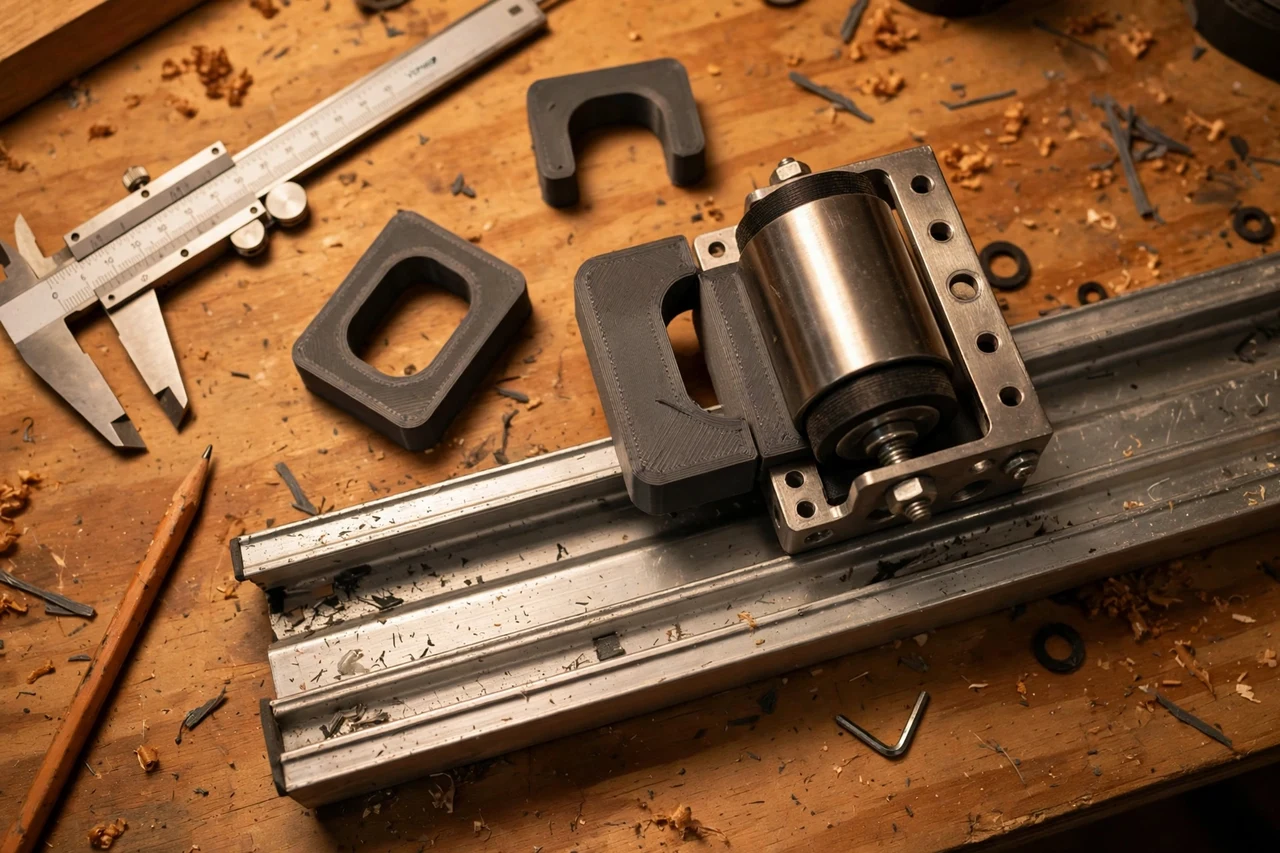 Close-up top-down view of a matte charcoal-gray 3D printed shower door roller shims being test-fitted against shower door rollers and a door track on a workbench, calipers and a pencil nearby, warm workshop lighting