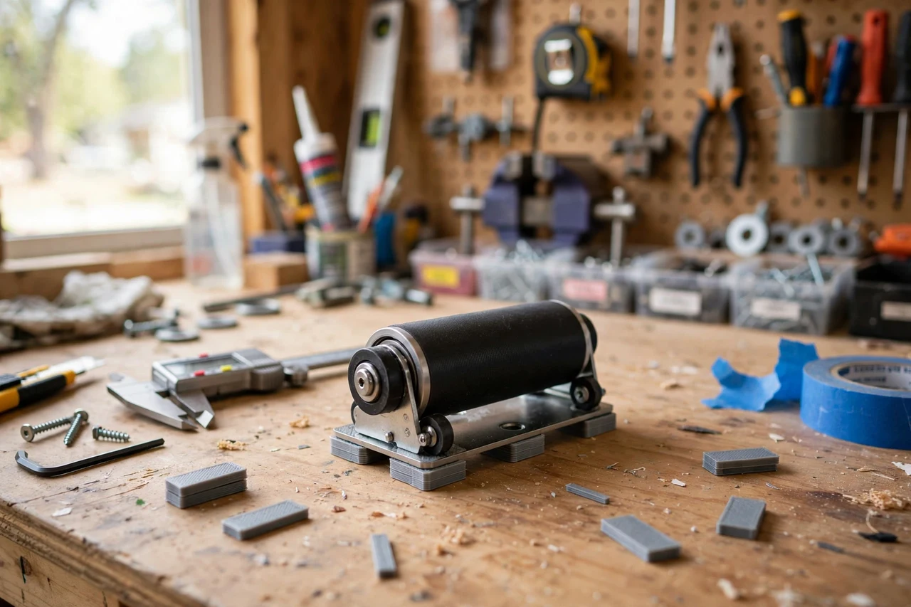 View of the finished 3D printed shower door roller shims in use on a home improvement project on a workbench, tidy workshop background in soft focus, bright natural light