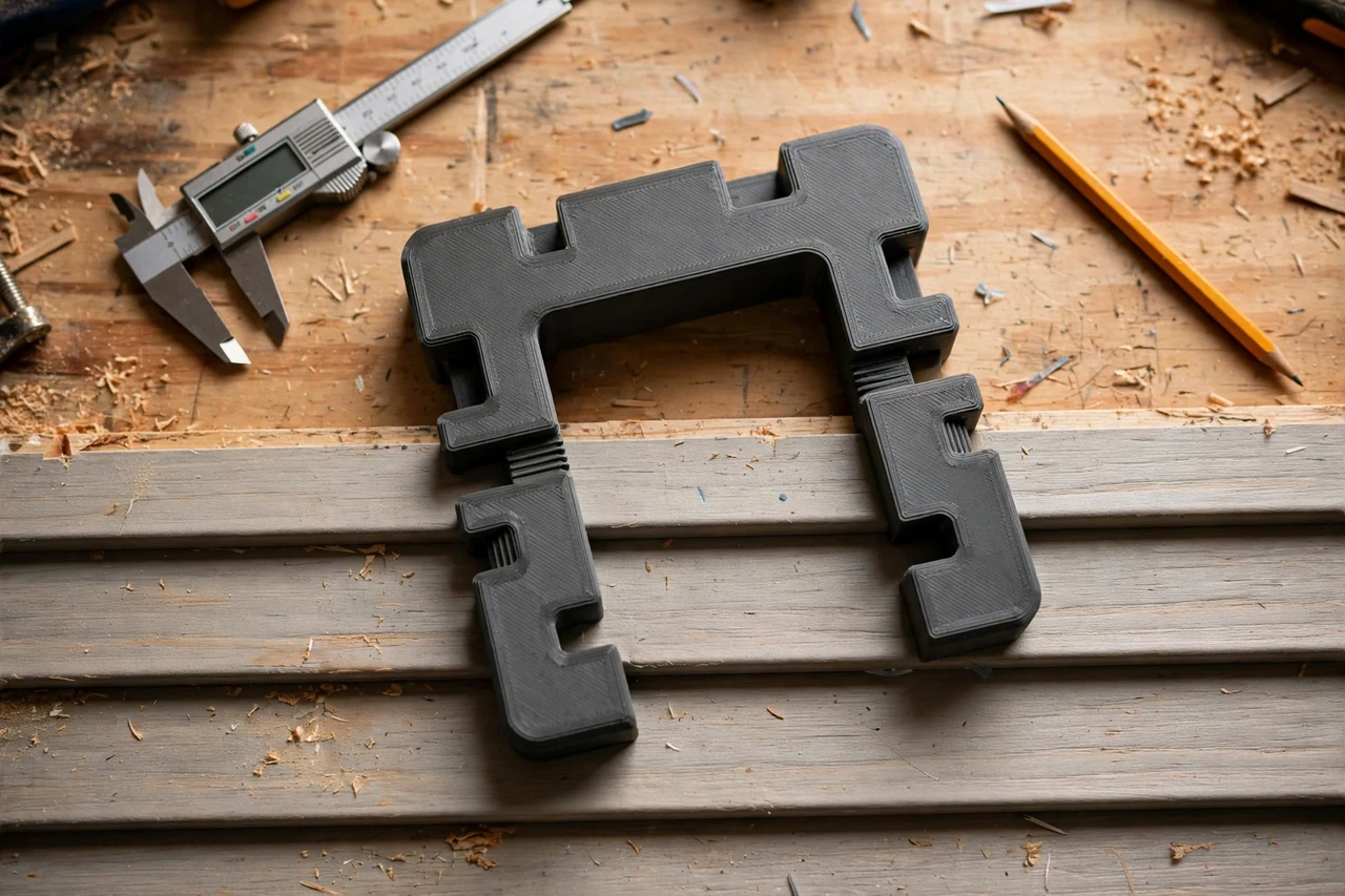 Close-up top-down view of a matte charcoal-gray 3D printed siding exposure marking gauge being test-fitted against siding boards and wall courses on a workbench, calipers and a pencil nearby, warm workshop lighting