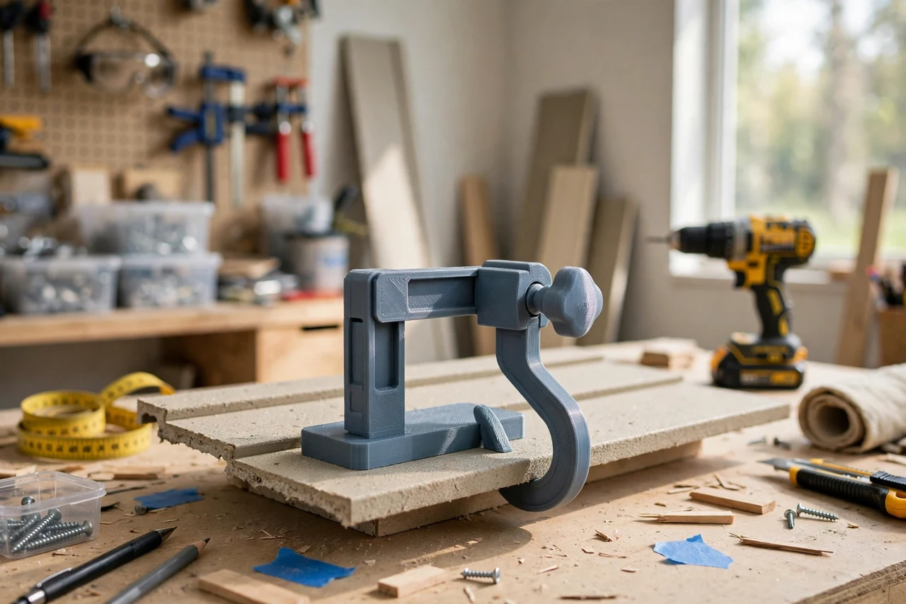 View of the finished 3D printed siding exposure marking gauge in use on a home repair project on a workbench, tidy workshop background in soft focus, bright natural light