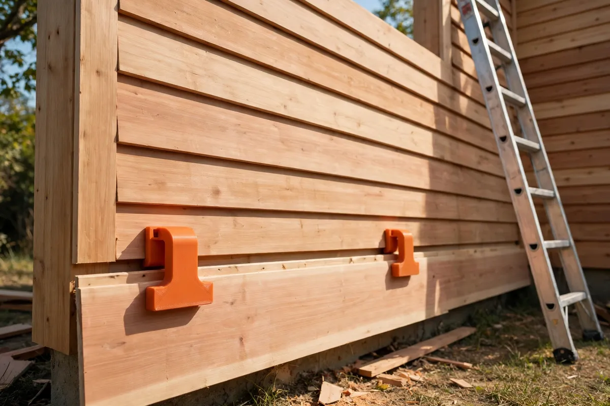 The side wall of a house in bright morning light with fresh horizontal lap siding boards