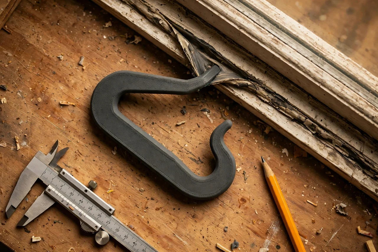 Close-up top-down view of a matte charcoal-gray 3D printed silicone sealant removal hook tool being test-fitted against old silicone sealant along a window frame edge on a workbench, calipers and a pencil nearby, warm workshop lighting