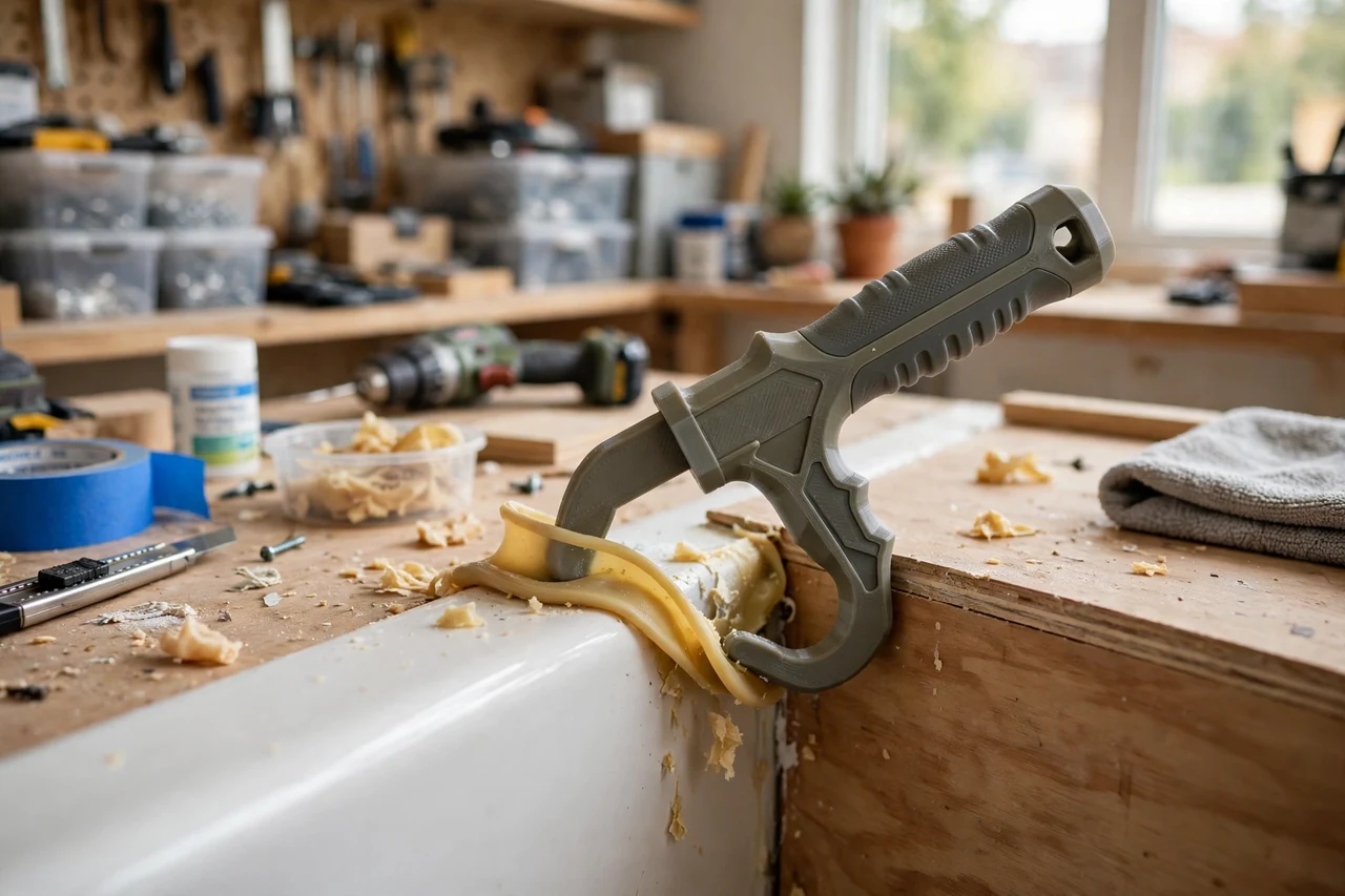 View of the finished 3D printed silicone sealant removal hook tool in use on a home repair project on a workbench, tidy workshop background in soft focus, bright natural light