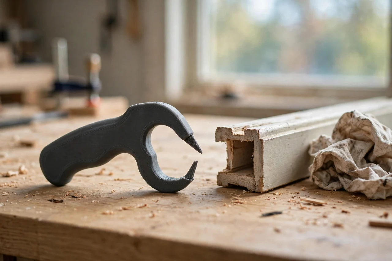 Home workshop scene on a light oak workbench, a matte charcoal-gray 3D printed silicone sealant removal hook tool beside a window frame offcut and a rag, soft natural window light, shallow depth of field