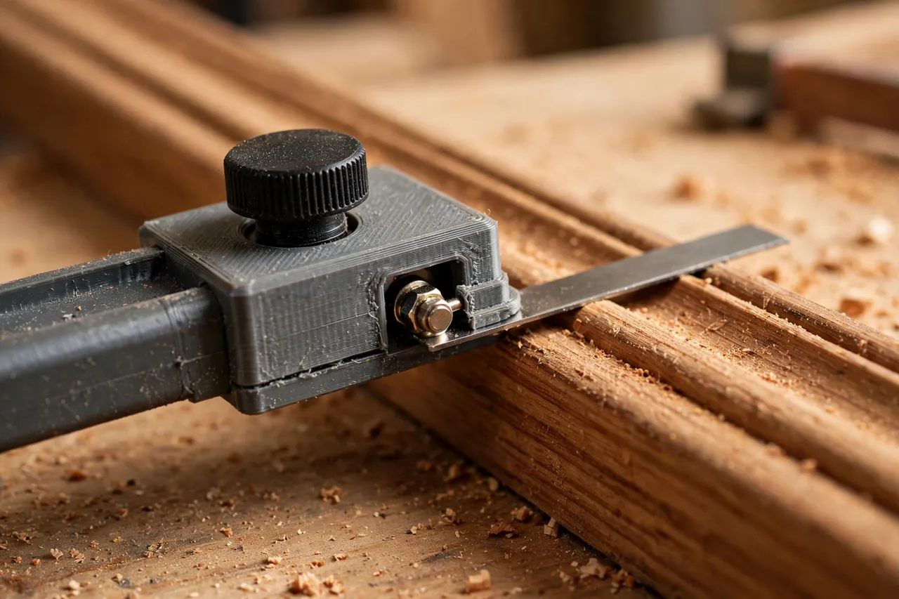 Close-up of a 3D printed sliding bevel gauge blade pressed flush against an angled piece of wooden trim, the locking knob visible
