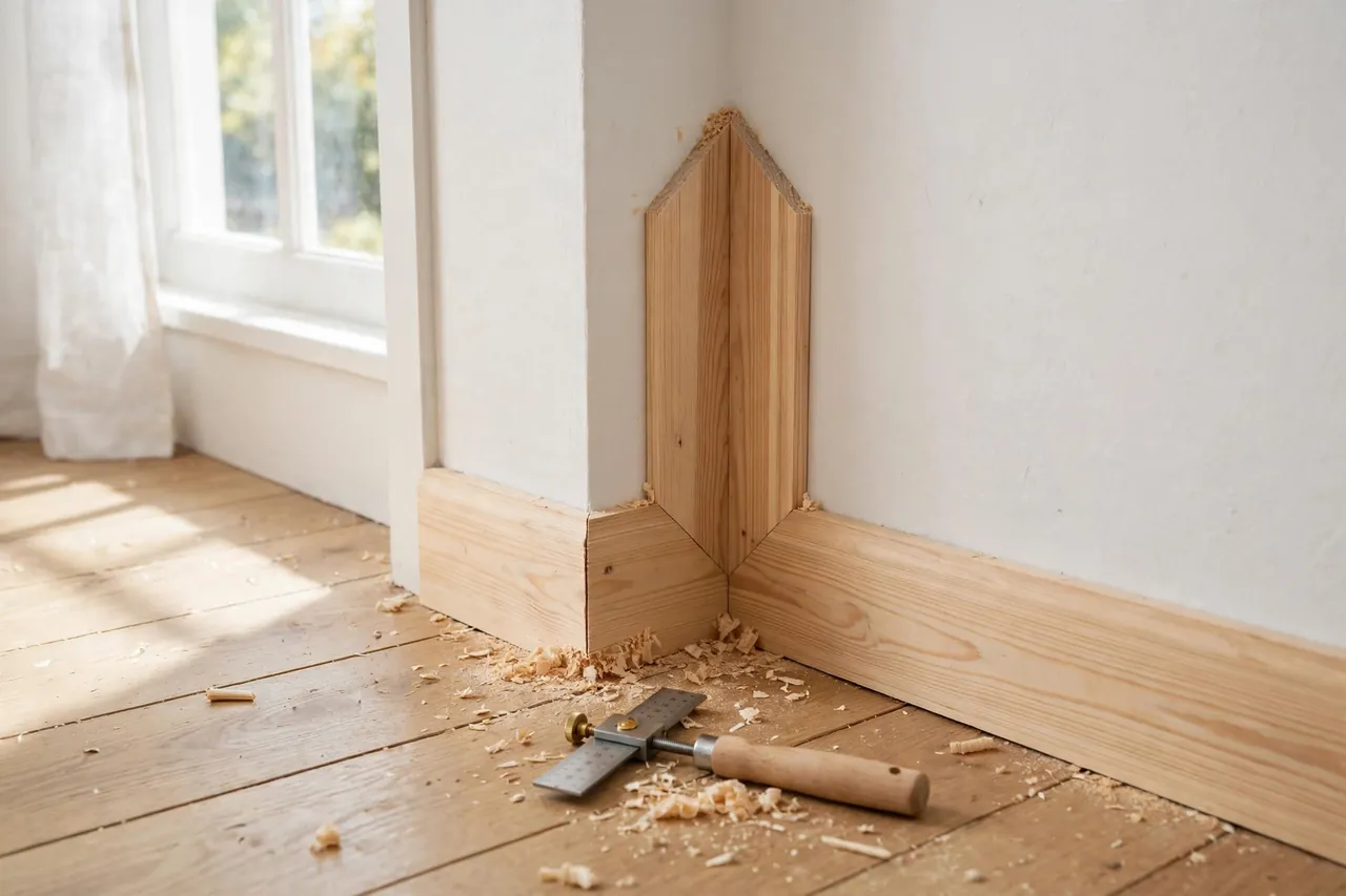 Freshly cut wooden trim fitted perfectly into an angled corner of a bright room, the bevel gauge resting on the floorboards below