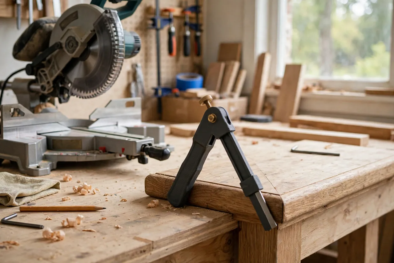 A bright home workshop scene with a matte charcoal-gray 3D printed sliding bevel gauge opened against the corner of a wooden stair tread