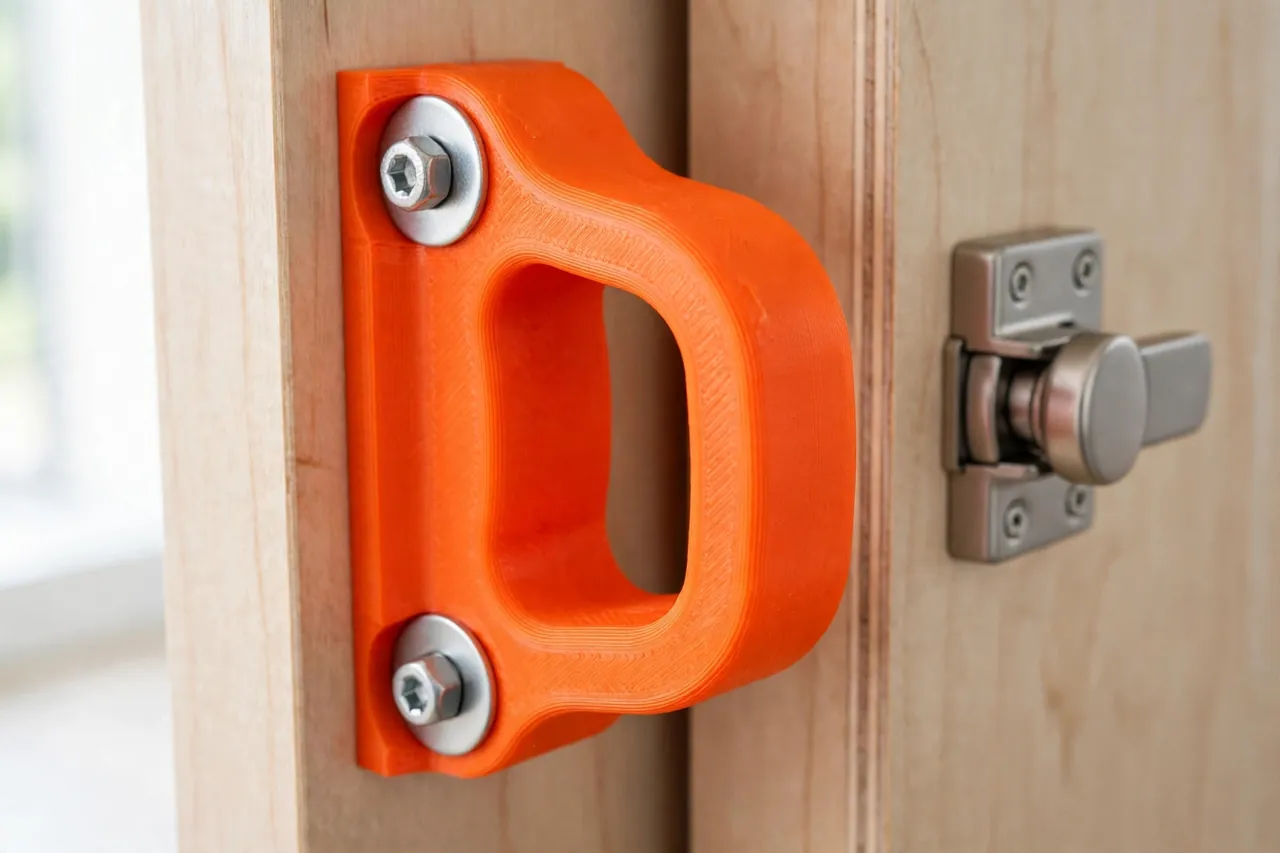 Close-up of a bright-orange 3D printed sliding door pull mounted on a sliding door stile, showing the deep finger grip