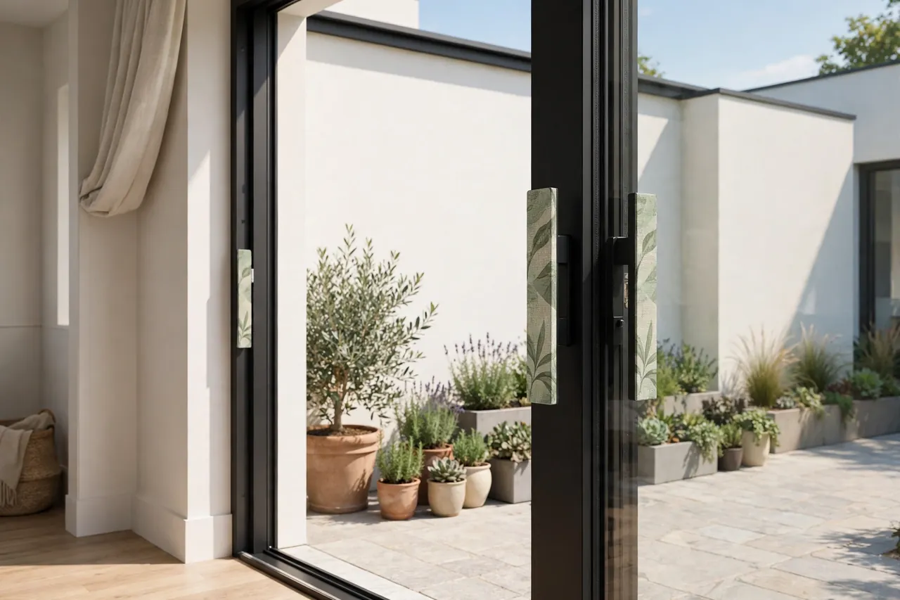 A finished patio doorway with matching printed pulls fitted inside and outside the sliding door