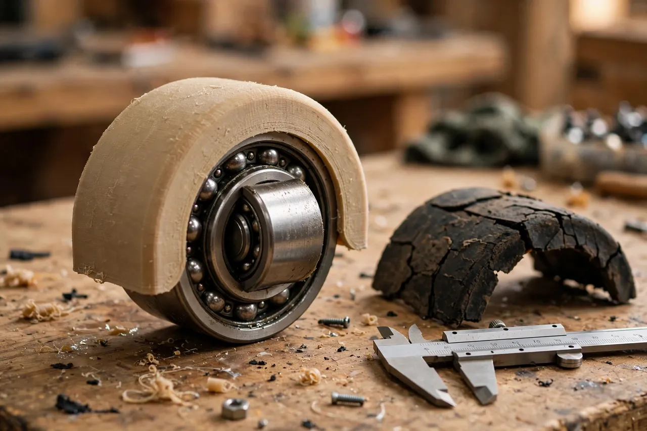 Close-up view of a 3D printed sliding door roller cover being test-fitted over a metal roller wheel on a workbench