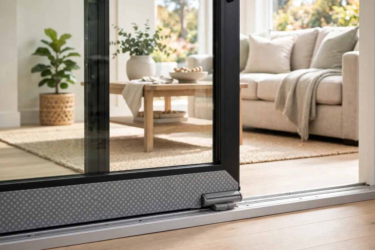 A finished sliding patio door gliding smoothly in its track with neat printed roller covers visible at the base