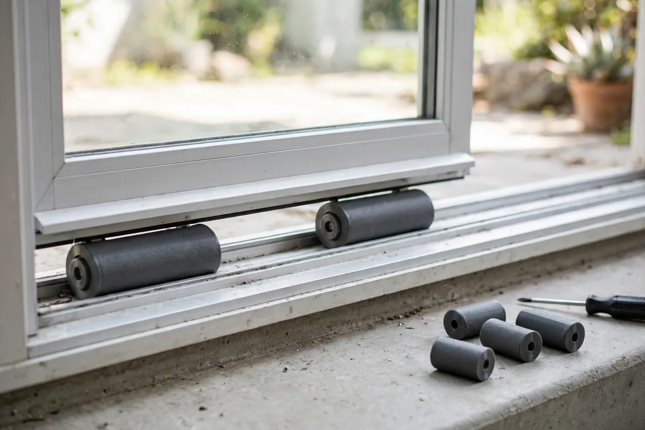 A bright patio doorway scene, the bottom edge of a sliding glass door lifted slightly to reveal matte charcoal-gray 3D printed roller covers fitted
