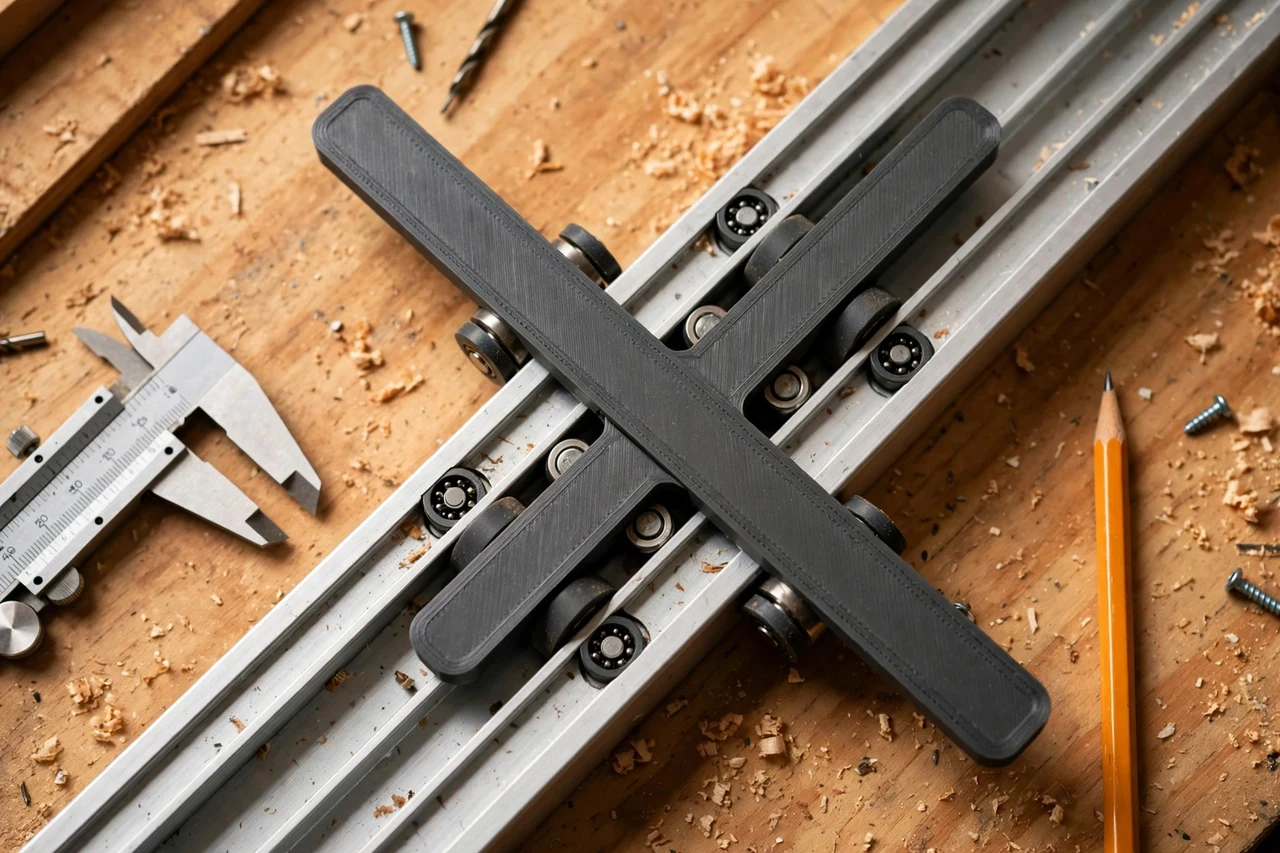 Close-up top-down view of a matte charcoal-gray 3D printed sliding door track alignment gauge being test-fitted against sliding door tracks and rollers on a workbench, calipers and a pencil nearby, warm workshop lighting