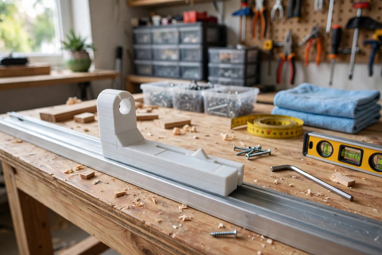 View of the finished 3D printed sliding door track alignment gauge in use on a home repair project on a workbench, tidy workshop background in soft focus, bright natural light
