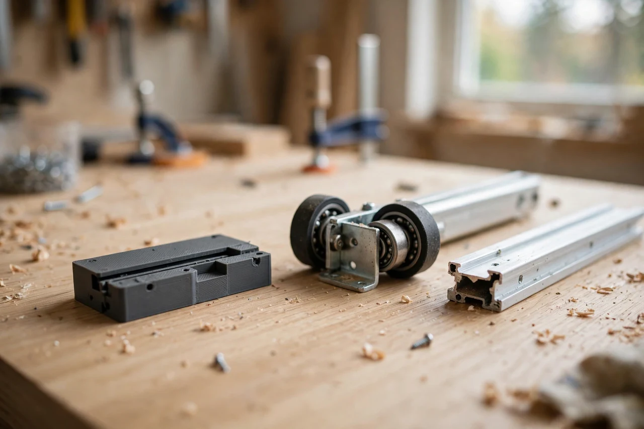 Home workshop scene on a light oak workbench, a matte charcoal-gray 3D printed sliding door track alignment gauge beside a sliding door roller and a short length of track, soft natural window light, shallow depth of field