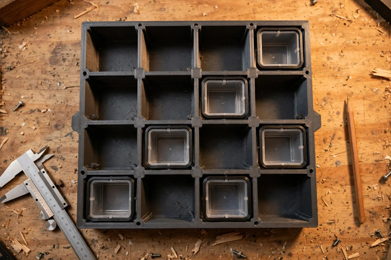 Close-up top-down view of a matte charcoal-gray 3D printed small parts bin divider set being test-fitted with small parts bins on a workbench, calipers and a pencil nearby, warm workshop lighting