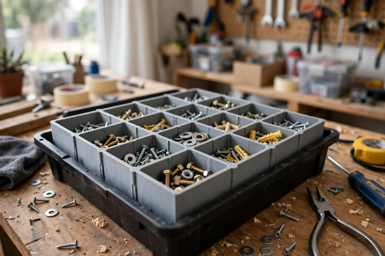 View of the finished 3D printed small parts bin divider set in use during a home repair tidy-up on a workbench, tidy workshop background in soft focus, bright natural light