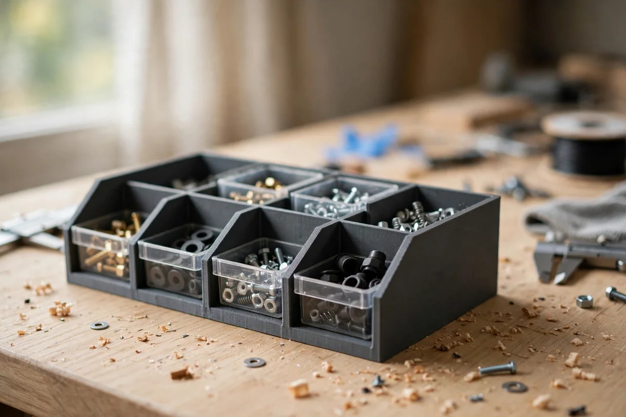 Home workshop scene on a light oak workbench, a matte charcoal-gray 3D printed small parts bin divider set holding small parts bins, soft natural window light, shallow depth of field
