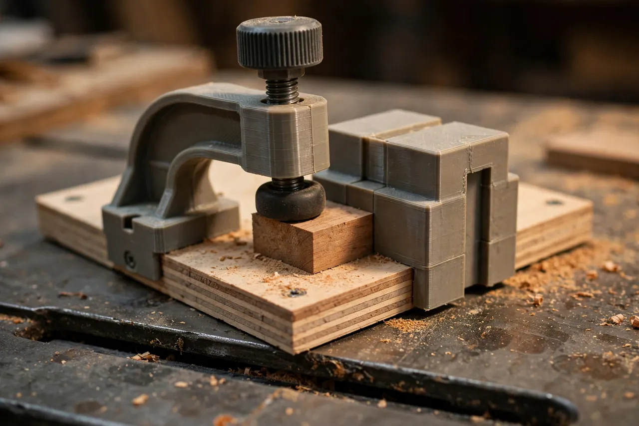 Close-up view of a 3D printed hold-down clamp and stop block on a small crosscut sled gripping a tiny hardwood offcut on a table saw bed, sawdust