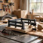 A bright home workshop scene with a table saw
