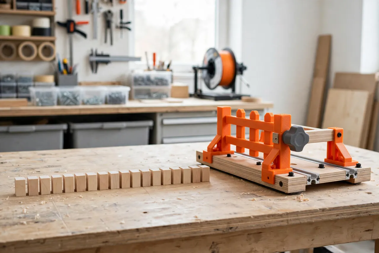 A neat row of identical tiny cut wooden pieces laid out on a workbench beside the small crosscut sled with its 3D printed parts, bright clean workshop