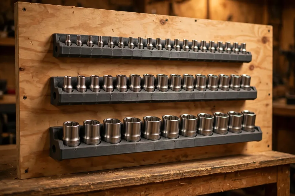 A workshop wall panel with three horizontal 3D printed socket rails mounted in a row holding full socket sets by drive size