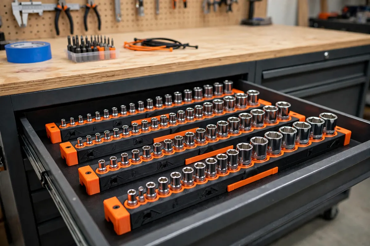 An open tool drawer in a tidy workshop filled with neat rows of black and orange 3D printed socket organizer rails holding gleaming chrome sockets