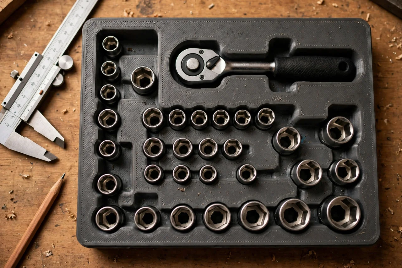 Close-up top-down view of a matte charcoal-gray 3D printed socket set case insert being test-fitted with a socket set and its ratchet on a workbench, calipers and a pencil nearby, warm workshop lighting