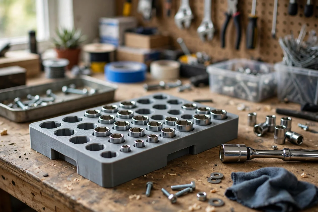 View of the finished 3D printed socket set case insert in use during a home repair tidy-up on a workbench, tidy workshop background in soft focus, bright natural light