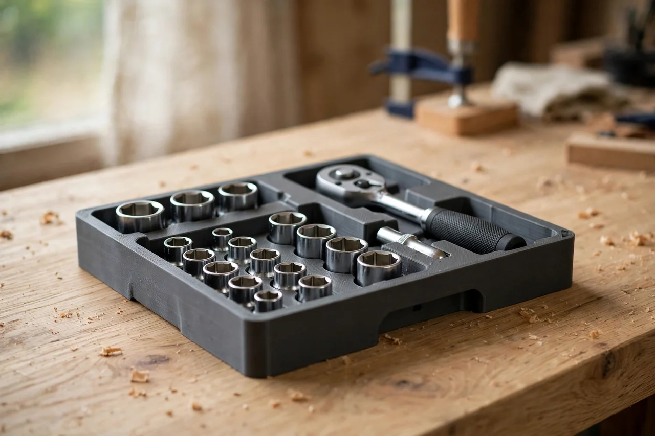 Home workshop scene on a light oak workbench, a matte charcoal-gray 3D printed socket set case insert holding a socket set and its ratchet, soft natural window light, shallow depth of field