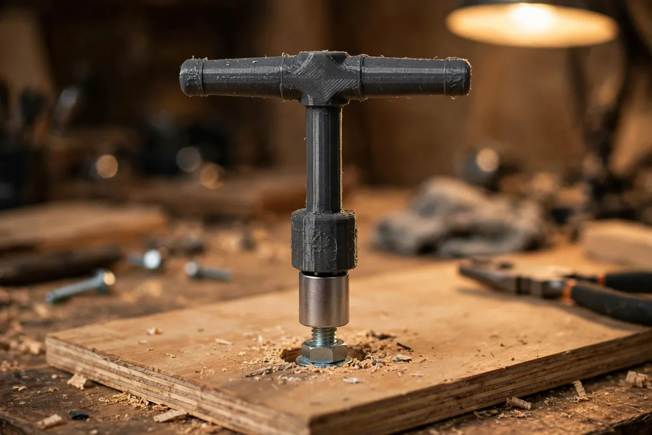 Close-up of a 3D printed socket spinner T-handle spinning a socket onto a bolt on a wooden board on a workbench, warm workshop lighting