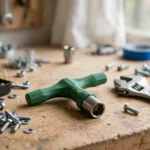 A bright workshop bench with a matte green 3D printed socket spinner T-handle fitted with a steel socket, bolts and a wrench nearby