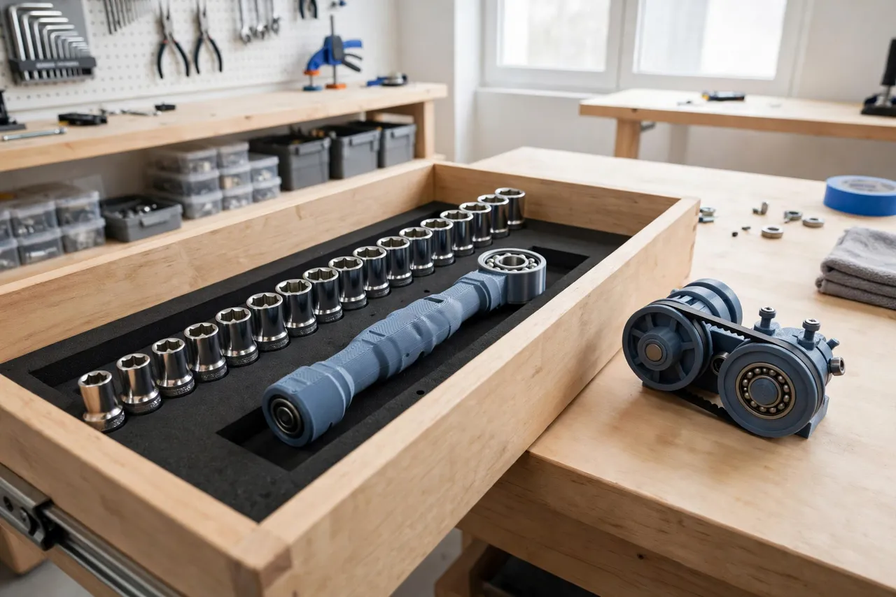 A tidy workshop drawer with sockets lined up beside the printed spinner handle, a finished assembly nearby, bright clean workshop interior
