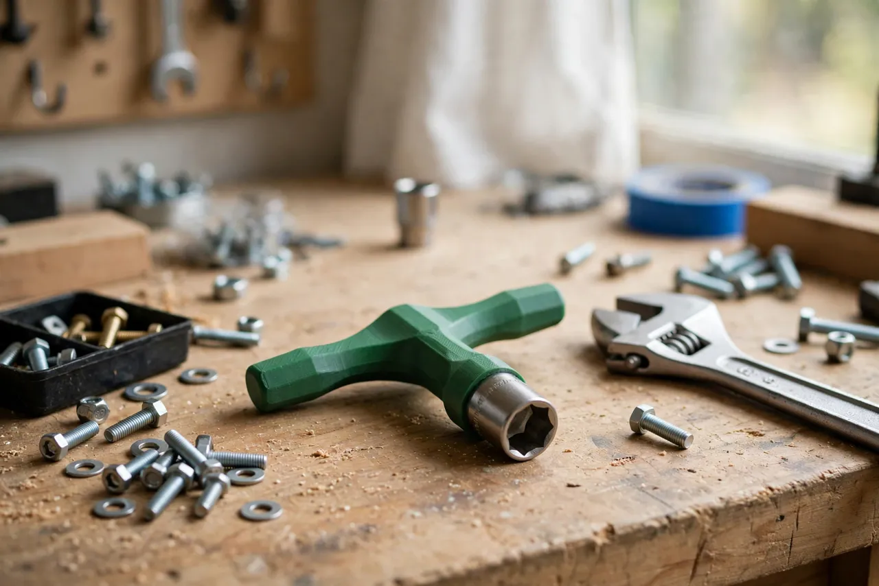 A bright workshop bench with a matte green 3D printed socket spinner T-handle fitted with a steel socket, bolts and a wrench nearby