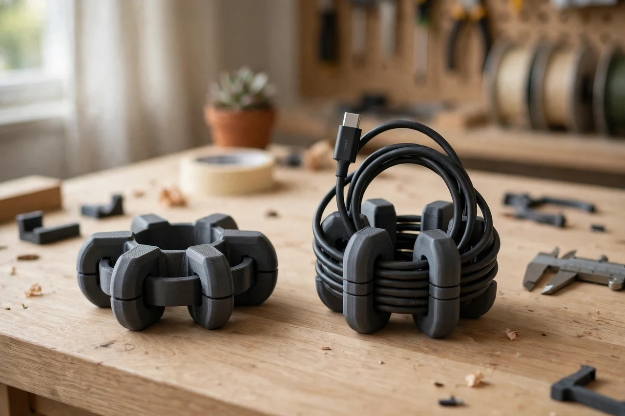 Home workshop scene on a light oak workbench, a matte charcoal-gray 3D printed cord wrap organizer beside a charger cord wound neatly on a printed wrap organizer, soft natural window light, shallow depth of field